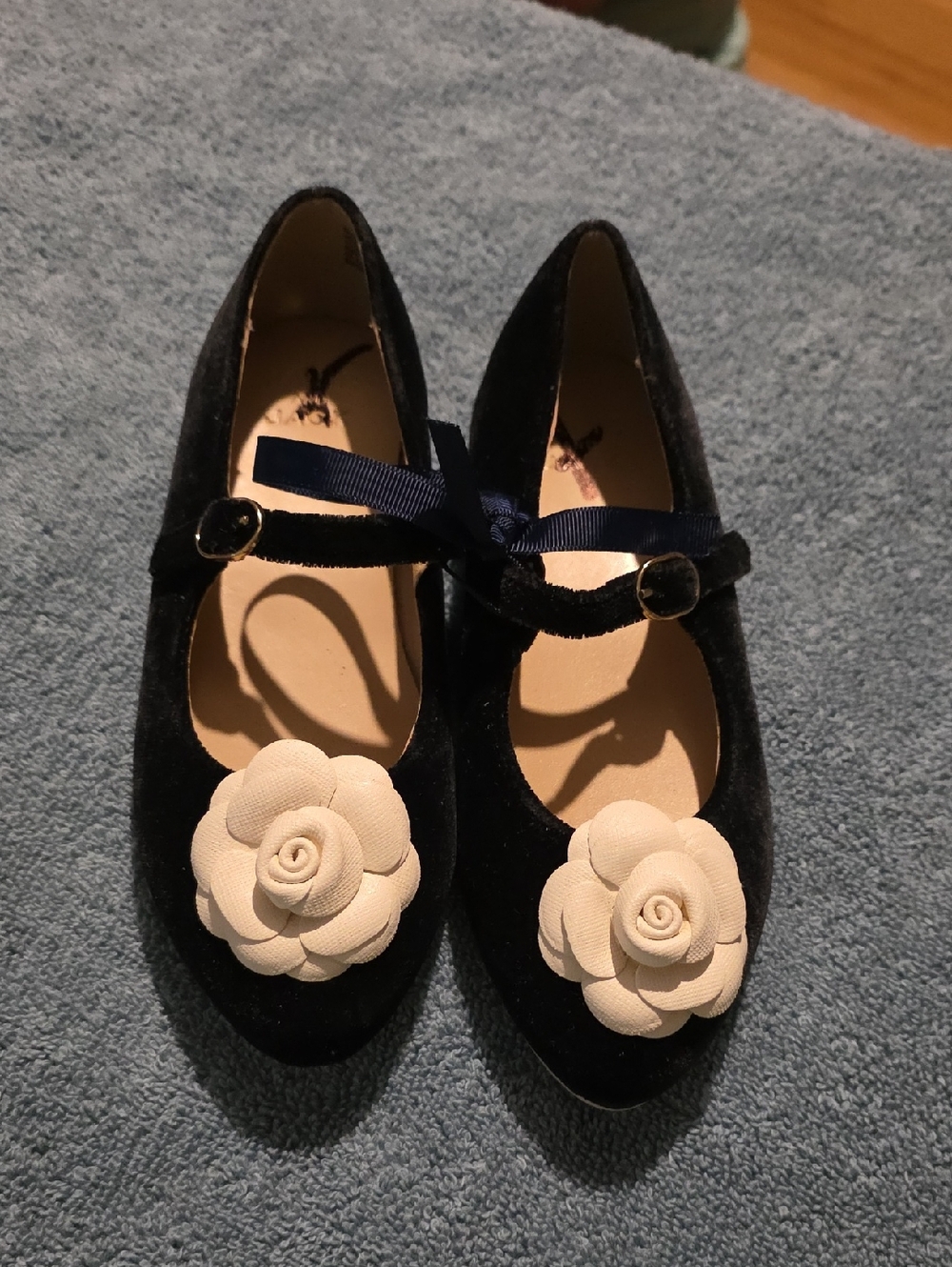 Janie and Jack Black Velvet Mary Jane Flats with Cream Flower